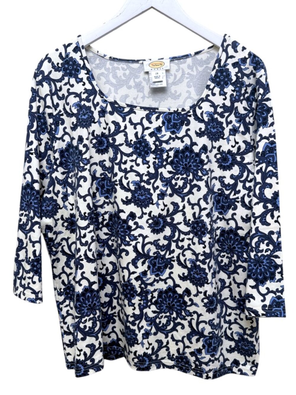 Talbots Top Blue and White Floral T-shirt Womens Preppy Casual 3/4 Sleeve